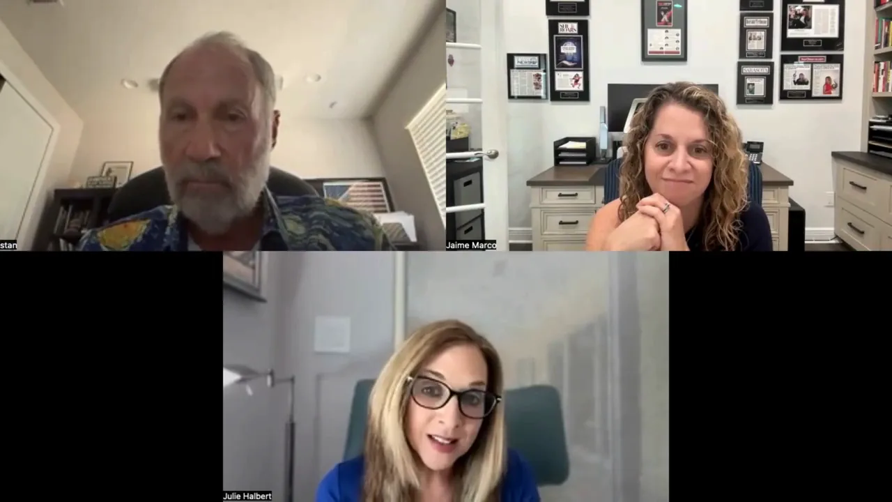 Julie Wright Halbert on a three-way call with hosts Jaime Marco and Stan Brown